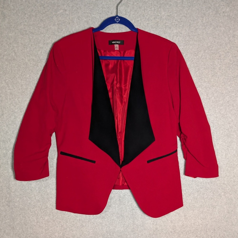 Nine West Blazer Women 10 Red Ruched Sleeve Colorblock‎ Open Front Corporate